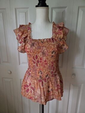 Nanette Lepore Pink Orange Floral Smocked Ruffle Tank